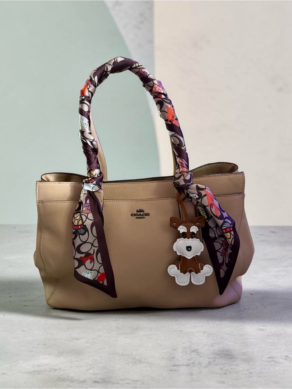 Coach Beige Tote with Patterned Scarf Handles and Brown Charm